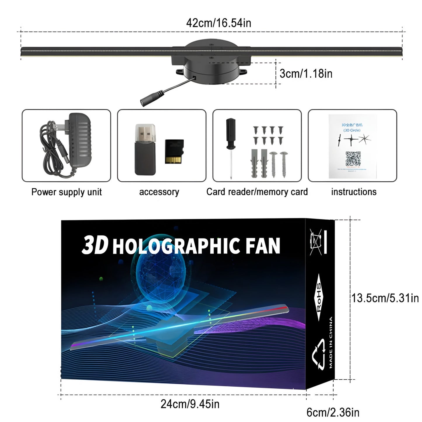 3D Hologramm Projektor 42 cm – Werbe-Fan mit App-Steuerung & LED-Effektanzeige