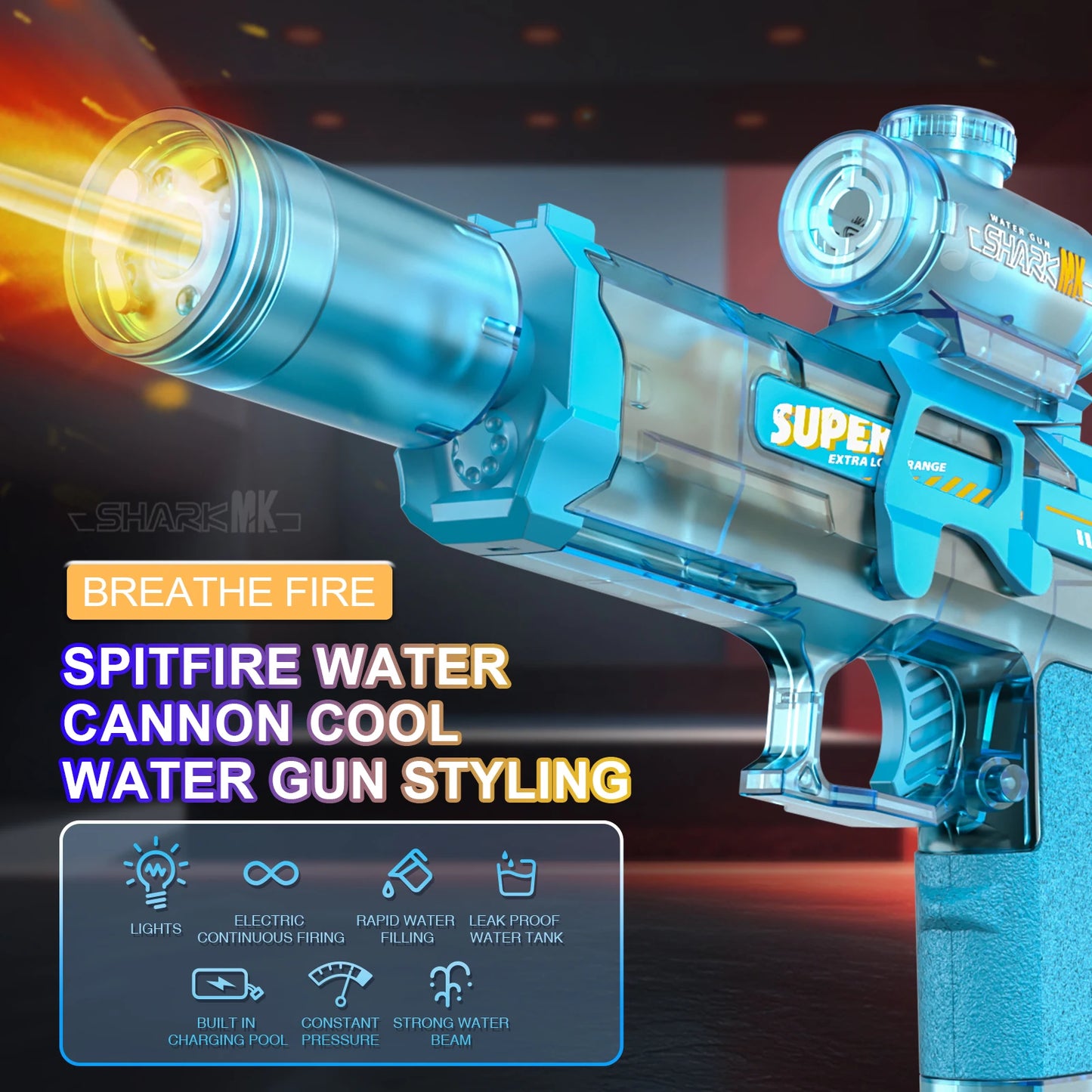 AquaBlaster™ – Elektrische Wasserpistole mit LED & Flammen-Effekt
