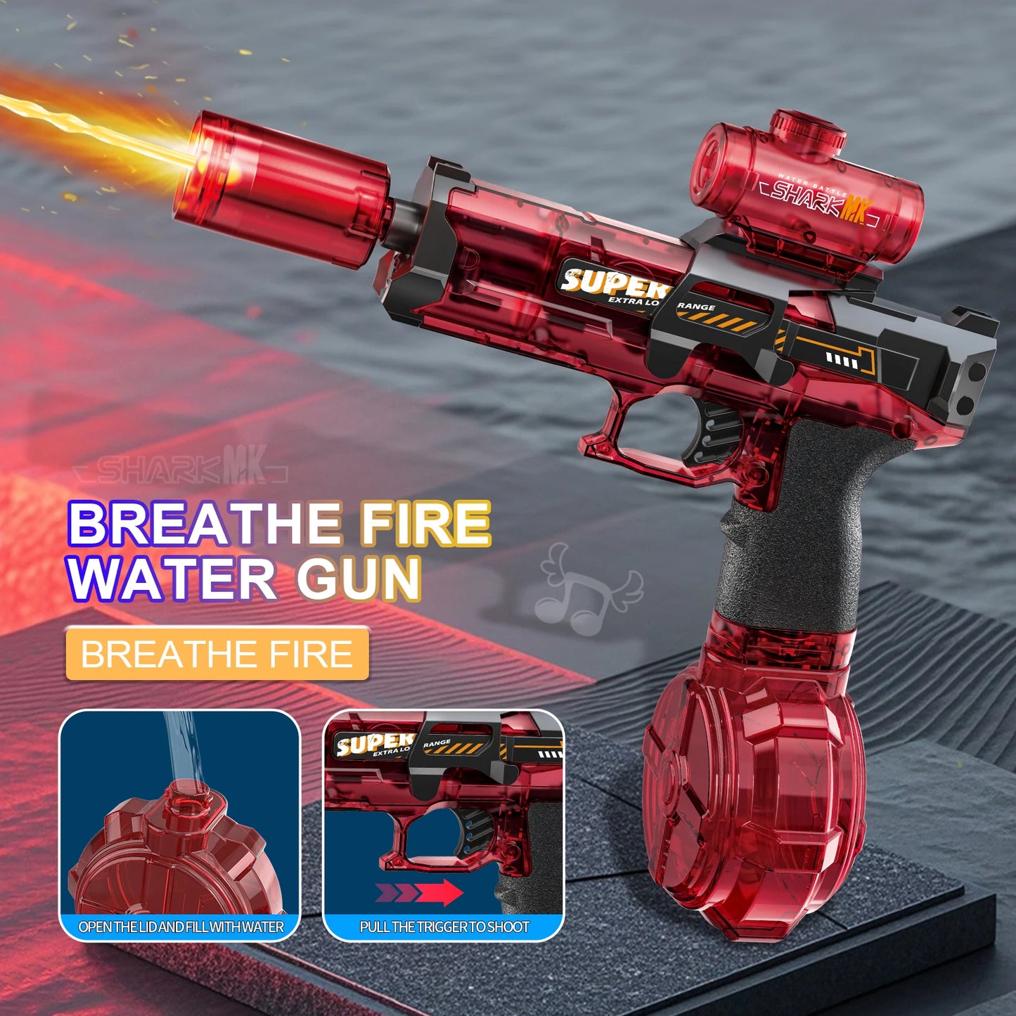 AquaBlaster™ – Elektrische Wasserpistole mit LED & Flammen-Effekt