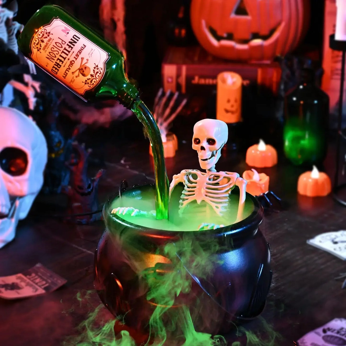 🧙‍♀️ Halloween Hexenkessel mit LED & Nebel – Magische Party-Deko mit Skelett