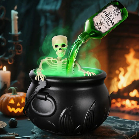 🧙‍♀️ Halloween Hexenkessel mit LED & Nebel – Magische Party-Deko mit Skelett